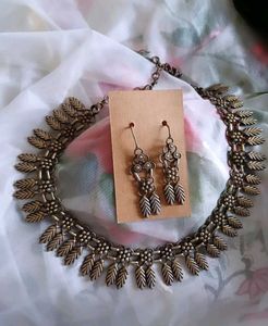Brass Handmade Leaf Necklace & Earring Set