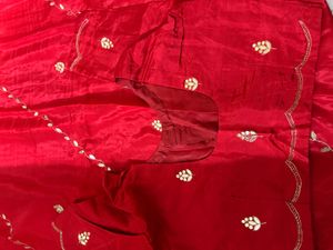 Vibrant Red Silk Saree with Embellishments