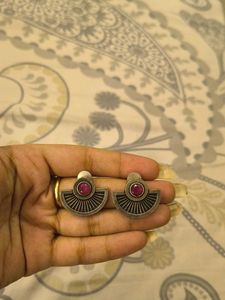 Ethnic Fan Shaped Earrings with Red Stone
