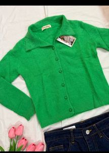 Vibrant Green Collared Knit Cardigan