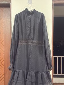 Chic Black Ruffled Sheer Sleeve Dress