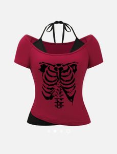 Red Gothic Skeleton Print Off-Shoulder Tie-Up Top