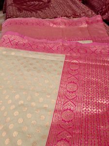 Elegant Banarsi Silk Saree with Pink Border