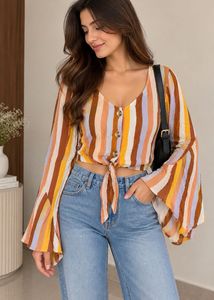Boho Stripe Tie-Front Bell Sleeve Top