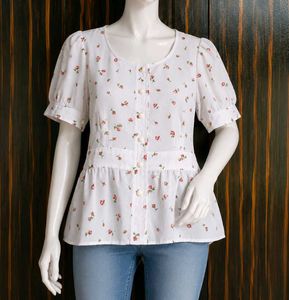 White Floral Button-Up Peplum Top