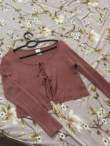 Mauve Ribbed Tie-Front Top