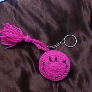Cute Pink Smiley Crochet Keychain with Tassel