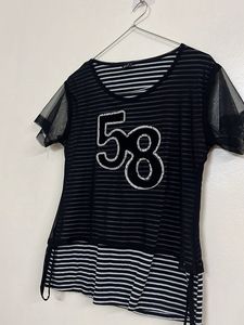 Black Sheer Striped Top with '58' Detail