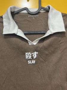 Brown Ribbed Crop Top with Collar