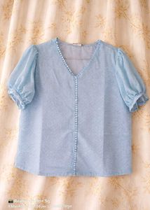 Chic Blue Puff Sleeve V-Neck Top