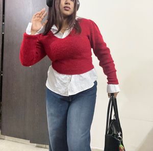 Red V-Neck Knit Sweater