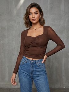 Brown Ruched Long Sleeve Top