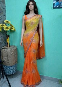 Vibrant Orange & Yellow Embellished Saree