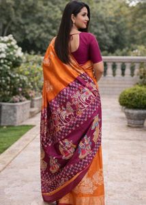 Stunning Orange Silk Saree with Purple Border