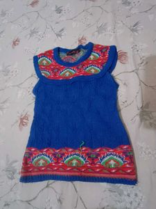 Blue Knitted Kurta With Tribal Print