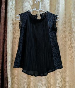 Black Lace Pleated Top