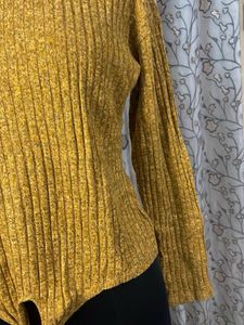 Yellow Ribbed Tie-Front Top