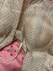 Peach &amp; Red Embroidered Fabric Saree