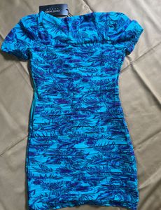 Blue Tropical Print Short Sleeve Dress