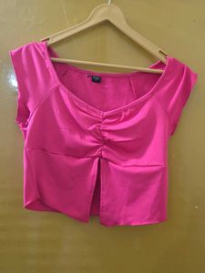 Hot Pink Ruched V-Neck Crop Top