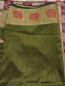 Elegant Olive Green Embroidered Saree