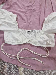 White Puff Sleeve Tie-Front Crop Top