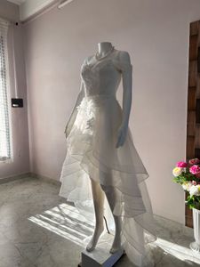 High low white organza-lace gown