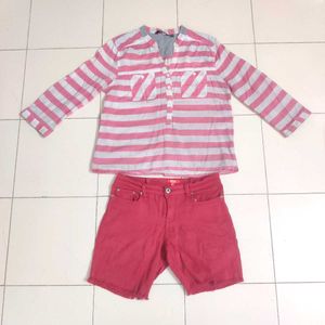 Pink Striped Tunic &amp; Red Shorts Set