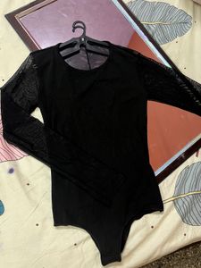 Black Backless Mesh Sleeve Bodysuit