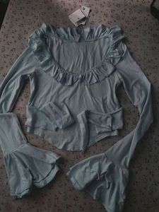 Light Blue Ruffle Top with Bell Sleeves