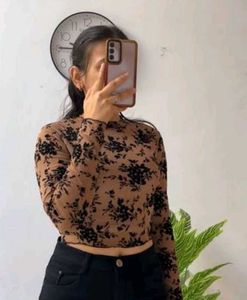 Sheer Floral Long Sleeve Crop Top