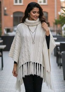 Elegant Knitted Poncho with Fringe
