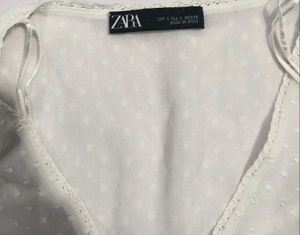 Zara White Ruffled Swiss Dot Shirt Top S/M
