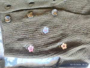 Olive Green Knit Cardigan with Flower Detail