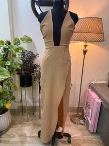 Elegant Beige Plunge Neck Maxi Dress