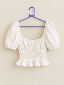 White Textured Square Neck Top