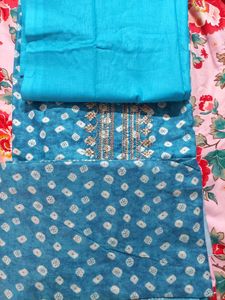 Blue Printed Kurta Set with Embellishment(unstitch