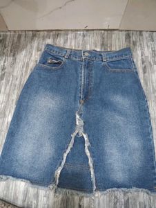 Denim Mini Skirt with Distressed Detail