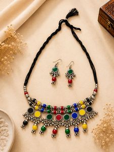Bohemian Oxidized Silver Mirror Necklace Set