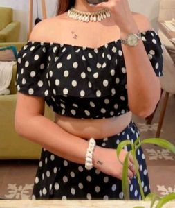 Polka Dot Off-Shoulder Crop Top with slit skirt