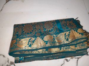 Teal Silk Saree with Gold Peacock Border