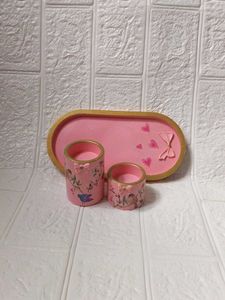 Decorative Pink Trinket Tray and candle holder Set