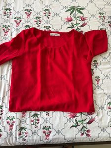Vibrant Red Pleated Neckline Top
