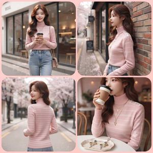 Chic Pink Striped Turtleneck Sweater