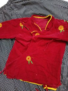 Elegant Red Velvet Embroidered Choli with Skirt