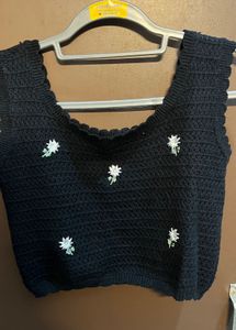 Black Cropped Crochet Top with Daisy Embroidery