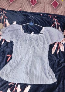 Blue Striped Puff Sleeve Top