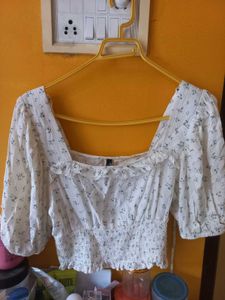 White Floral Print Smocked Crop Top