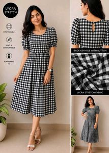 Gingham Puff Sleeve Midi Dress