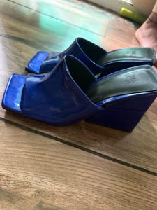 Blue Patent Block Heel Mules